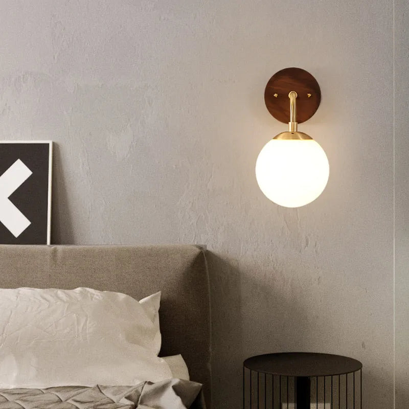 Afralia™ Glass Wall Light Fixture Walnut Wood Modern Nordic Pull Chain Switch Lamparas