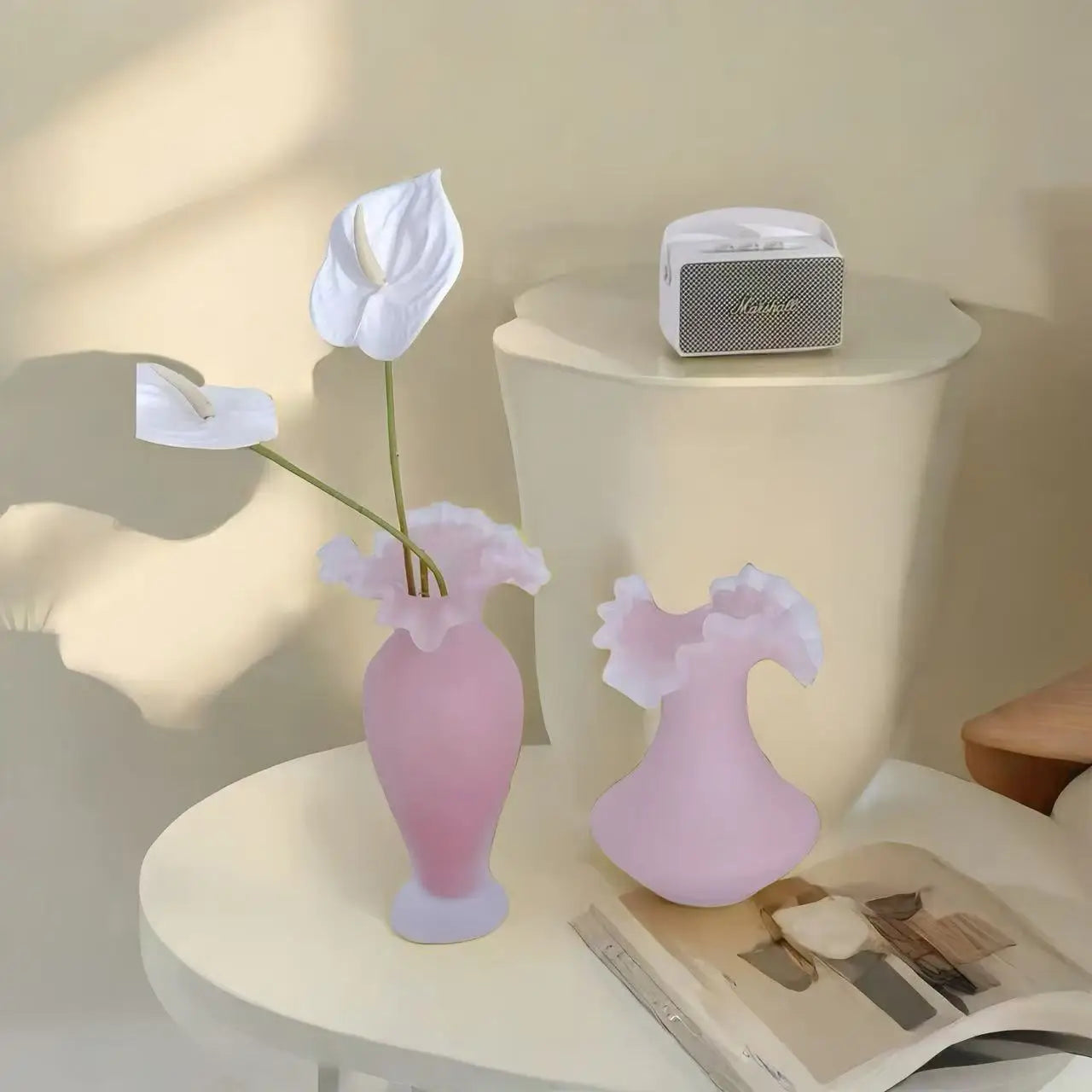 Afralia™ Pink Glass Vase Wave Fold Frosted Vase Floral Arrangement Terrarium Decoration