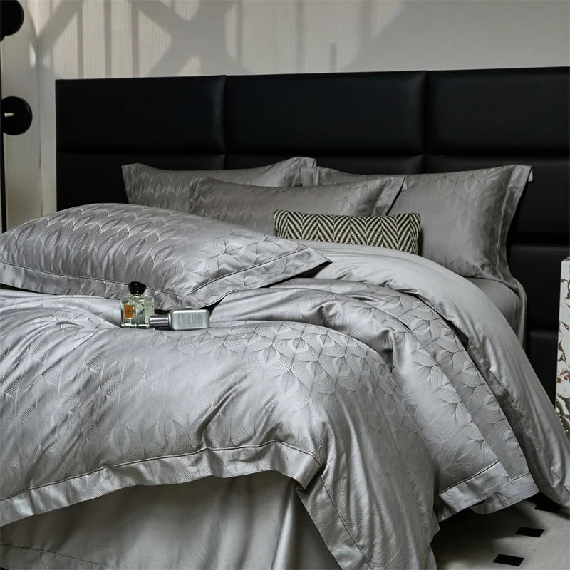 Afralia™ Luxury Grey Jacquard Cotton Bedding Set with Silky Duvet Cover and Pillowcases