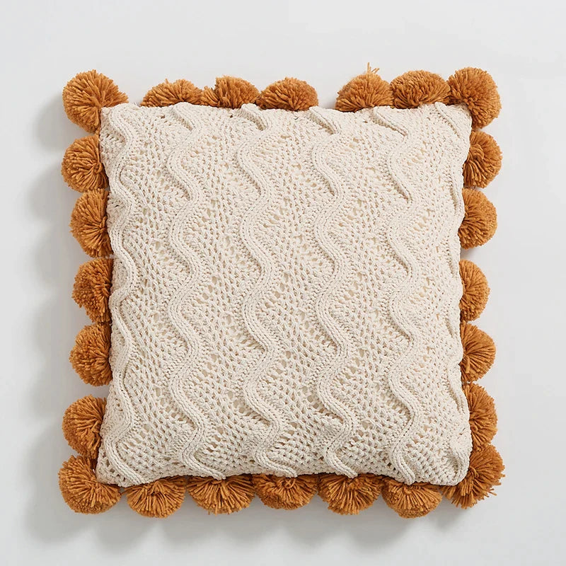 Nordic Knit Pompom Ball Pillowcase in Ivory & Grey for Home Decor by Afralia™