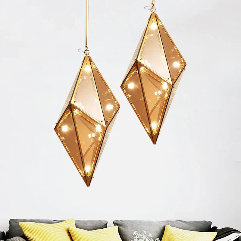 Afralia™ Diamond Glass LED Pendant Light Smoky Gray Amber Hanging Lamp for Living Room