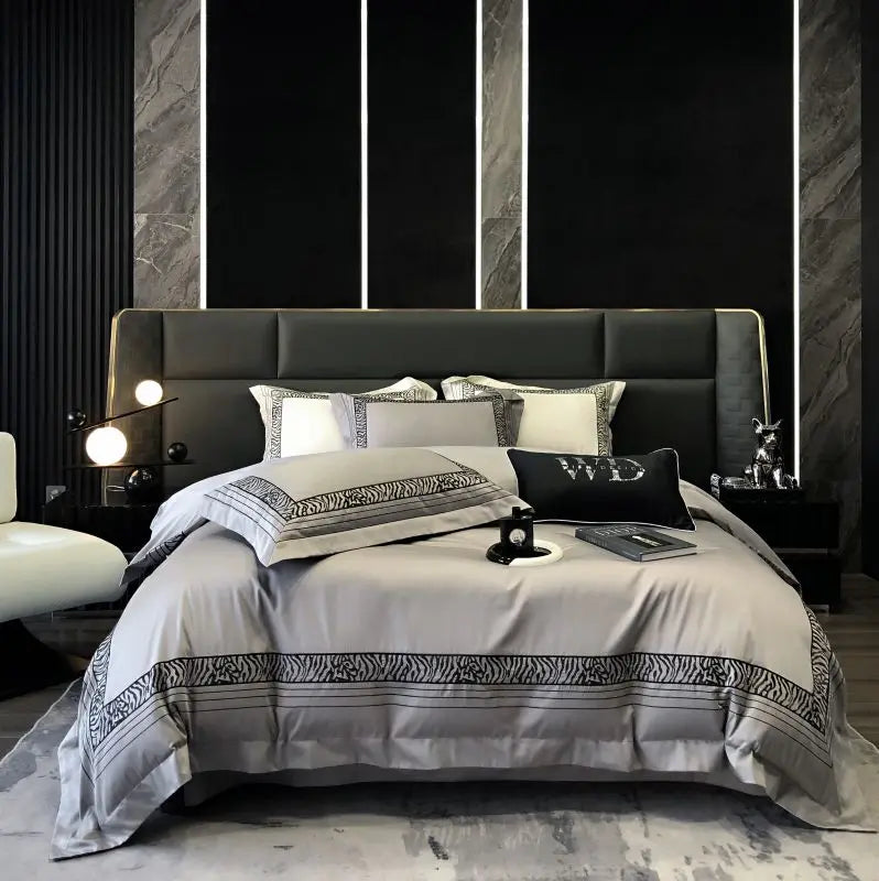 Afralia™ Zebra Print Embroidery 1000TC Egyptian Cotton 4Pcs Bedding Set - Queen King Size