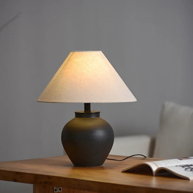 Afralia™ Zen Ceramic Pottery Lamp - New Chinese Style Retro Bedside Table Lamp