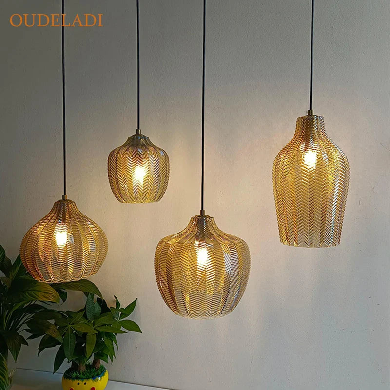 Afralia™ Amber Glass Pendant Lights for Kitchen, Restaurant, Bedroom - E27 Luminaires