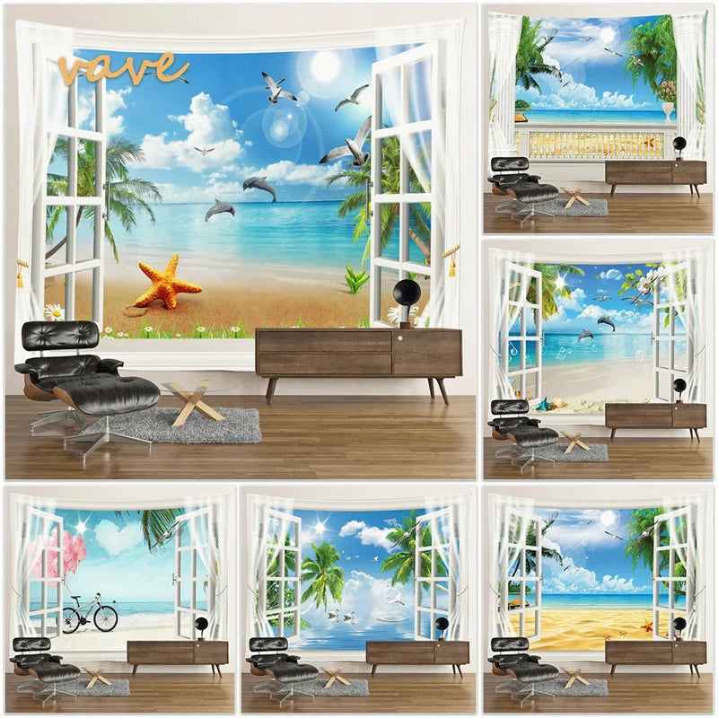 Scenic Sunset Palm Tree Tapestry by Afralia™ - Boho Beach Landscape Bedroom Decor