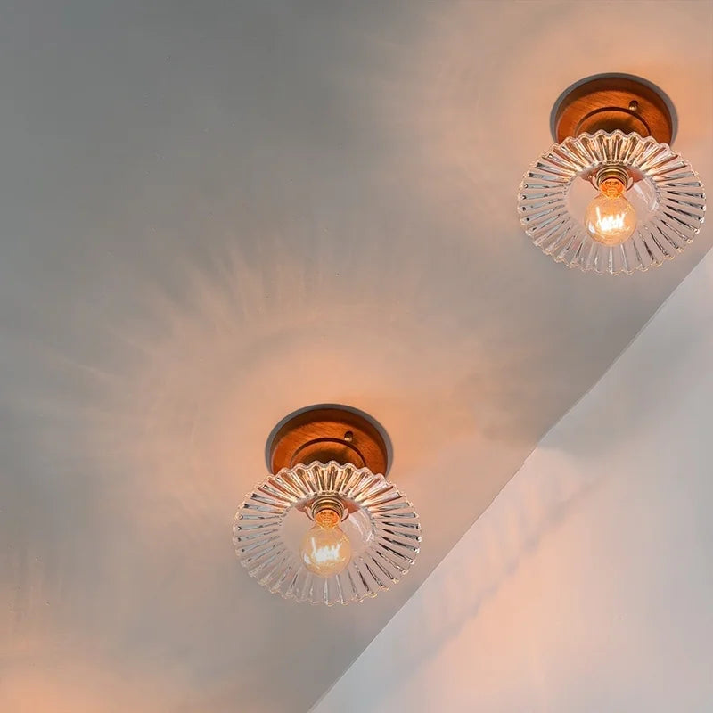 Afralia™ Green Glass LED Ceiling Lamp Nordic Wood Copper Ceiling Lights