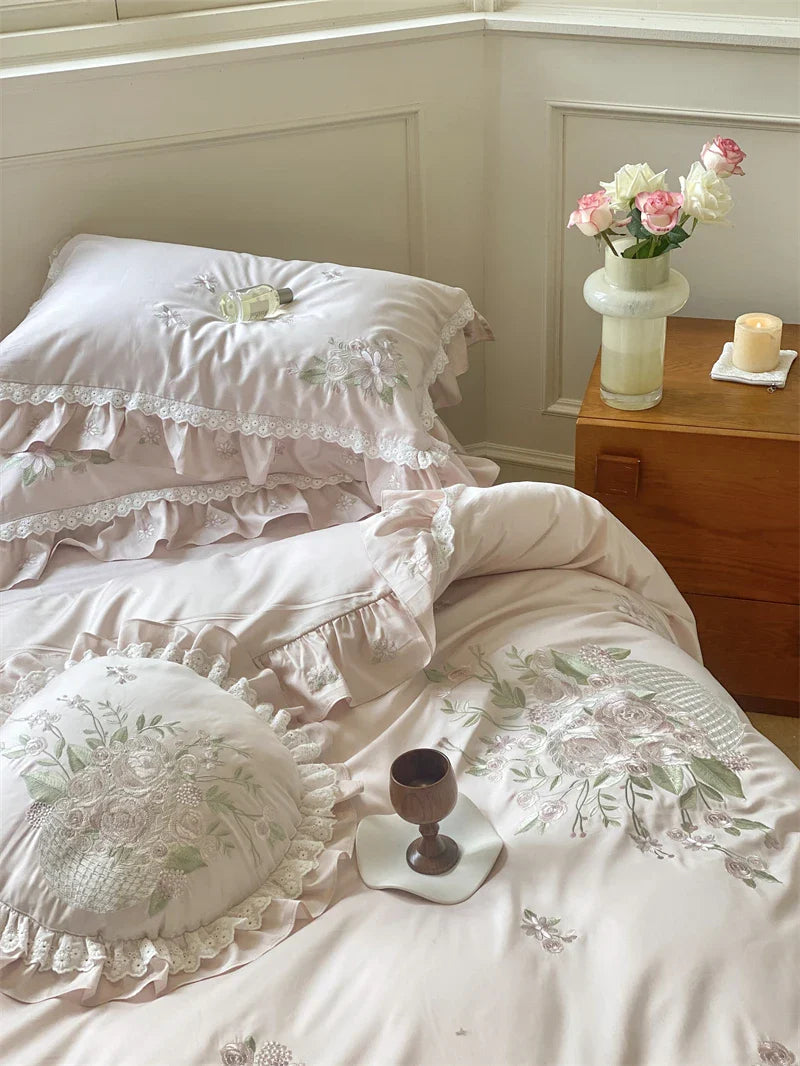 Afralia™ Vintage Rose Flowers Embroidery 1000TC Egyptian Cotton 4/7Pcs Bedding Set