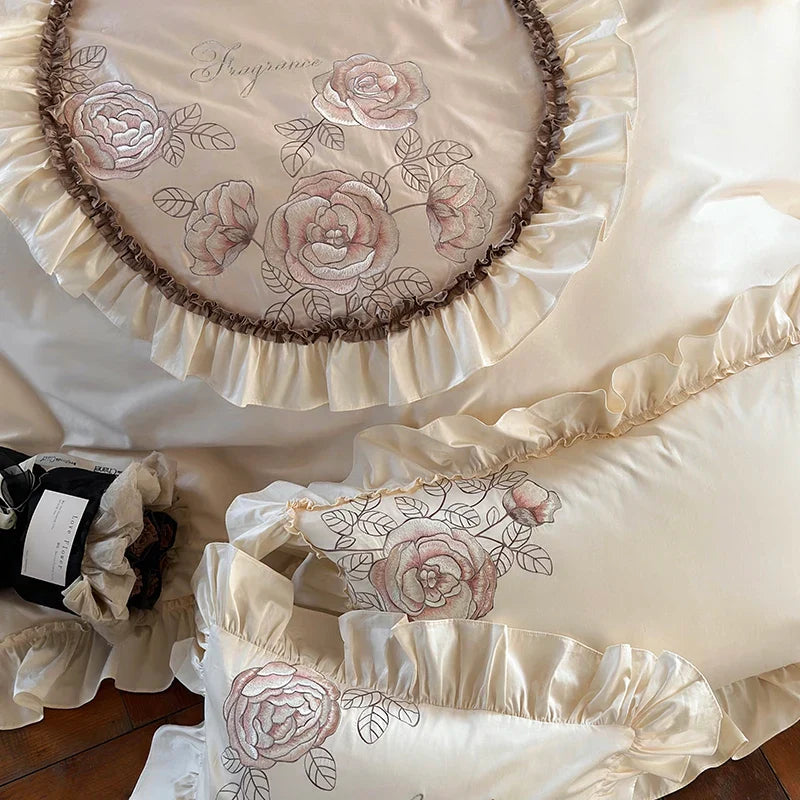 Afralia™ Luxe Rose Flowers Embroidery Bedding Set 1000TC Egyptian Cotton Queen King