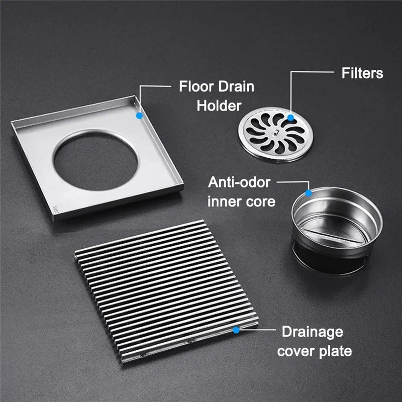 Afralia™ Stainless Steel Square Linear Bathroom Floor Drain 12/15/20/30cm Large Diameter