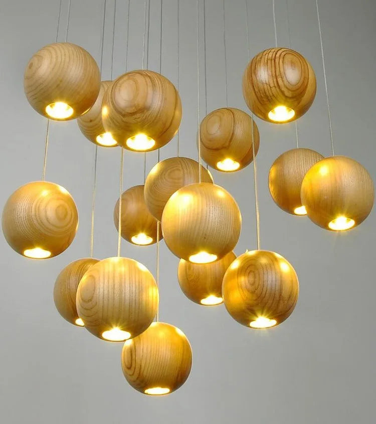 Afralia™ Wooden Ball LED Staircase Chandelier for Home & Hospitality