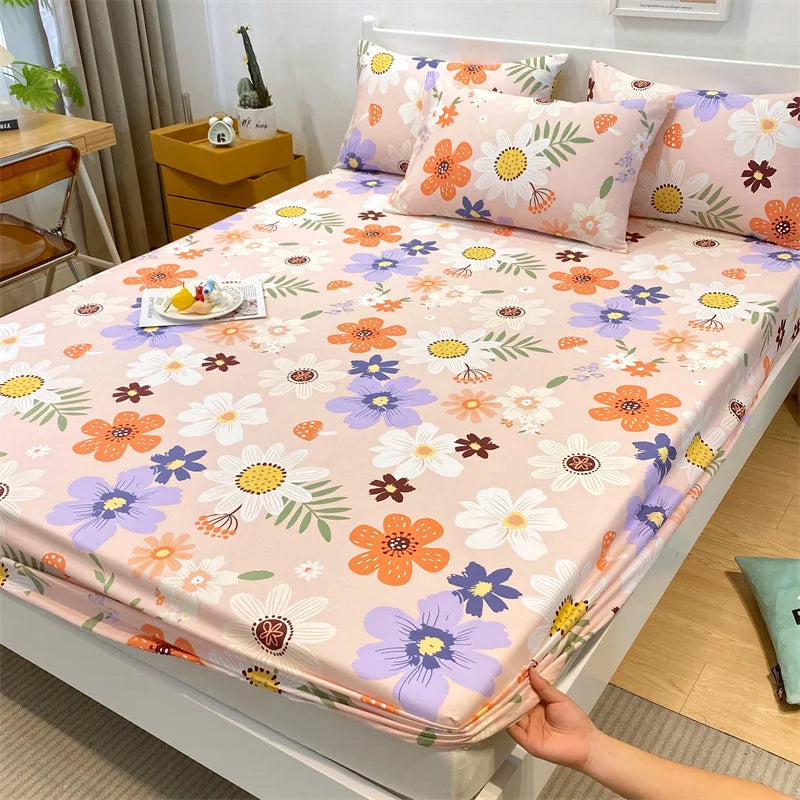 Afralia™ Fashion Flowers Print Cotton Fitted Sheet Single Piece Queen Size, Soft Pink Bed Linen