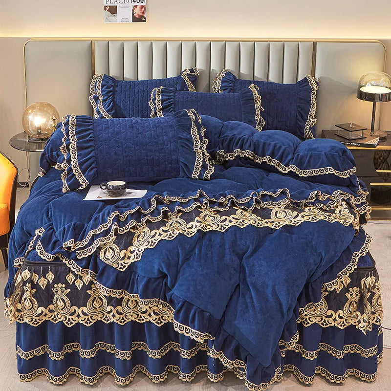Afralia™ Velvet Bedding Set with Gold Lace Ruffles, Removable Bed Skirt & Pillowcase