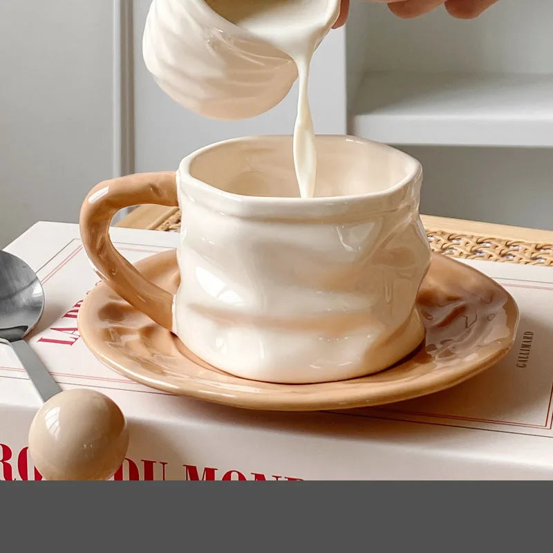 Afralia™ Pleated Paper Ceramic Cup&saucer Set - Elegant Dining Coffee Mug Tea Cup Juice Container