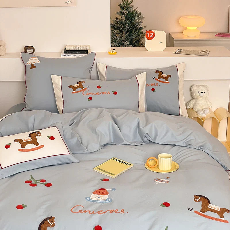 Afralia™ Lucky Trojan Cotton Embroidered Bedding Set: High-end Skin-Friendly Duvet Cover Set