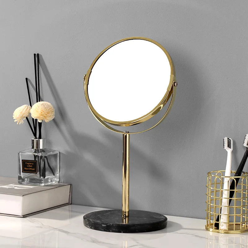 Afralia™ Marble Makeup Vanity Mirror Golden Stand 2X Magnifier Rotation