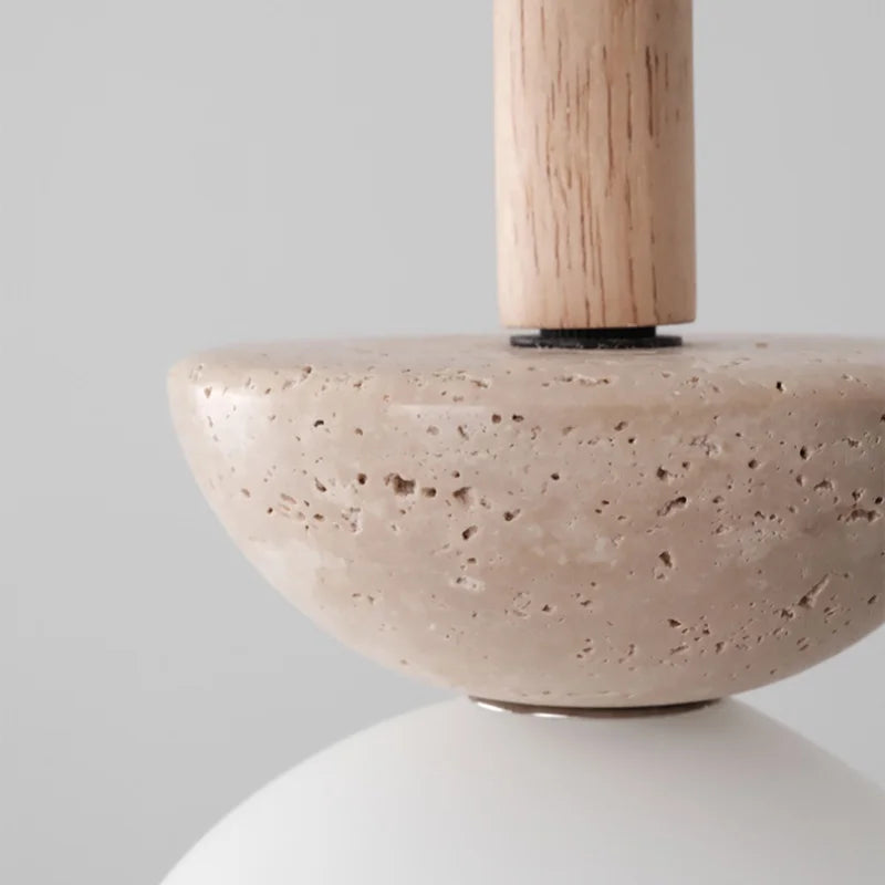 Afralia™ White Glass LED Pendant Lights Modern Yellow Travertine Wood Hang Lamp