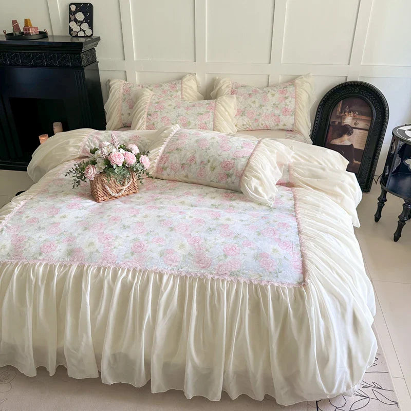Afralia™ French Lace Ruffles Vintage Bedding Set in 100% Cotton, Single Queen King Size