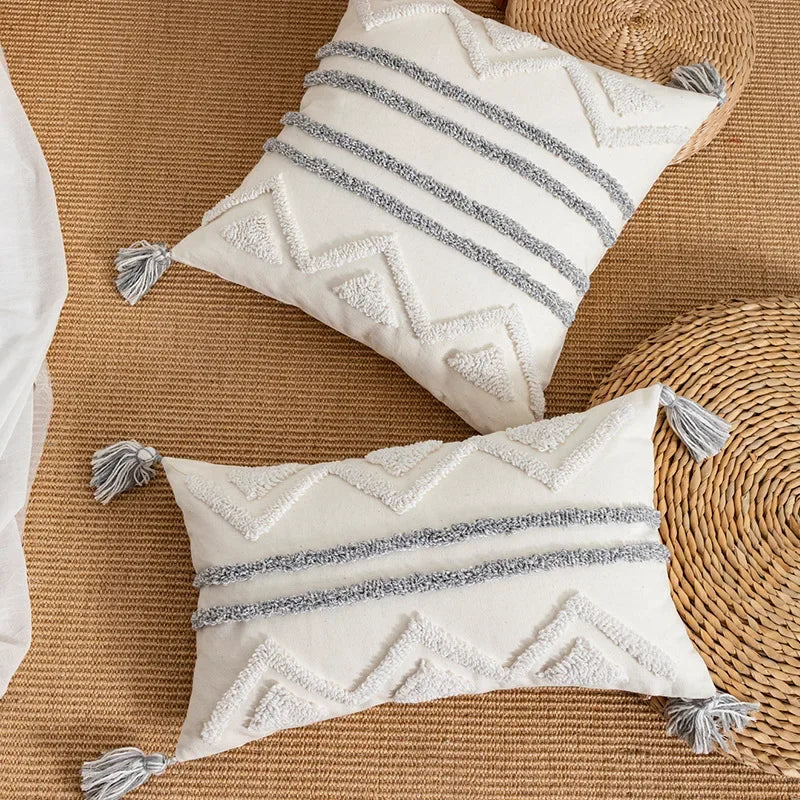 Afralia™ Geometric Tufted Tassel Cushion Cover White Grey Bohemian Decor Pillow Cover