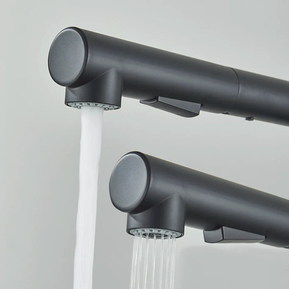 Afralia™ Matte Black Kitchen Faucet Pull Out Dual Sprayer Mixer Tap Rotation Deck Mounted