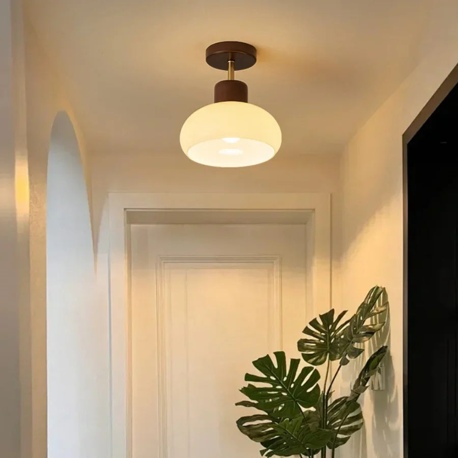 Afralia™ Pale Yellow Glass Wood LED Ceiling Lights Flush Mounted Round Nordic Modern