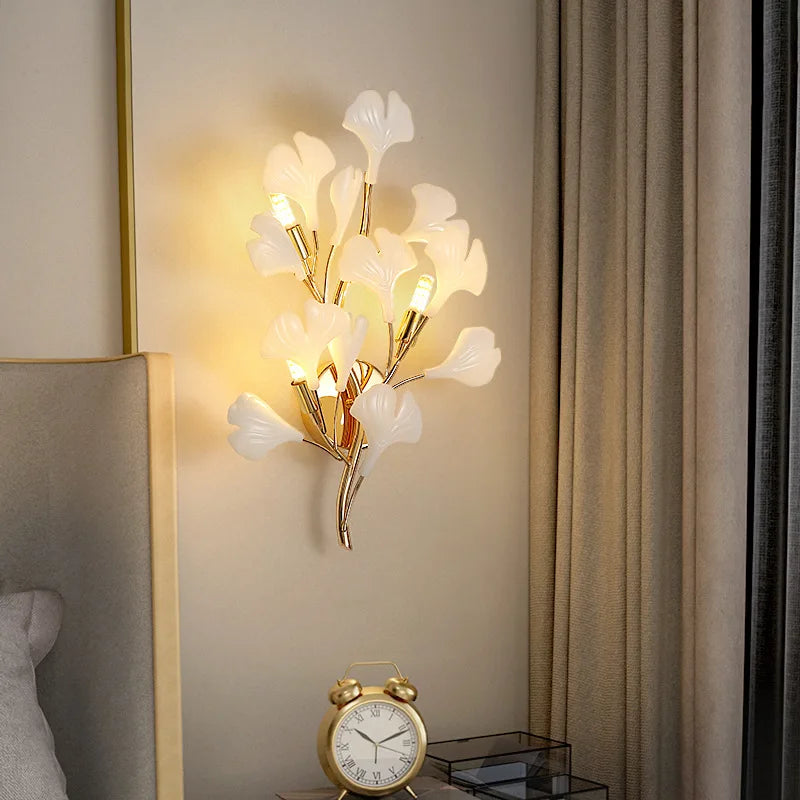 Afralia™ Leaf Ceramic LED Wall Sconce, Romantic Bedroom Lamp, Gold Metal Art Decor