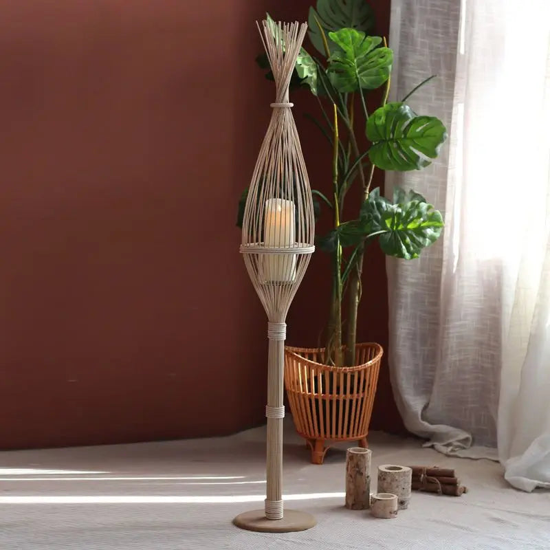 Afralia™ Rattan Bamboo Weaving Floor-to-Ceiling Wind Lamp Candlestick Tea Room Hotel Decoration