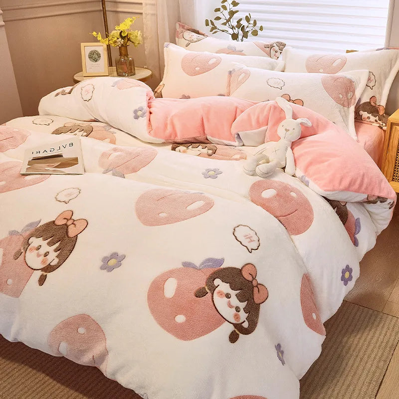 Afralia™ Flower Print Thicken Winter Warm Bedding Set with Sheet Pillowcases