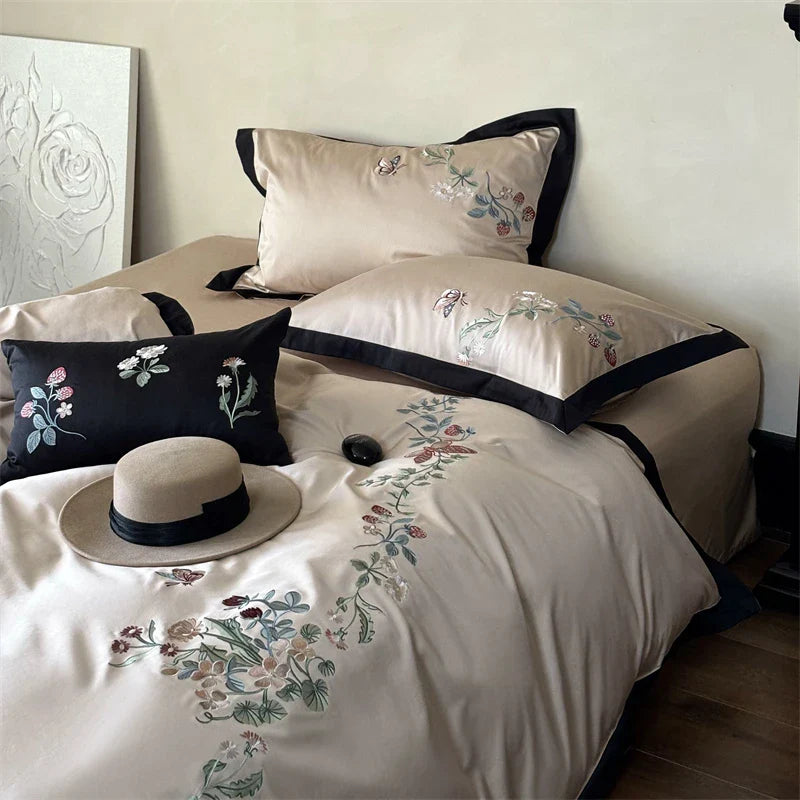 Afralia™ 1000TC Cotton Butterfly Flowers Embroidery Bedding Set with Duvet Cover, Sheet, Pillowcases