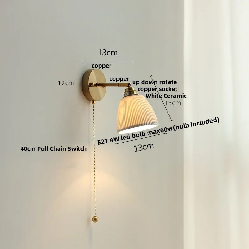 Afralia™ Ceramic LED Wall Light with Pull Chain Switch, Nordic Modern Design