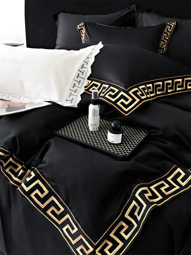 Afralia™ Gold Embroidery Duvet Set, Black Egyptian Cotton Bedding, 1000TC, Double King Queen