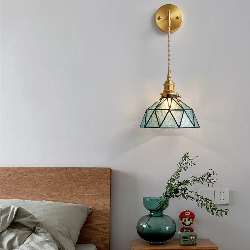 Afralia™ Tiffany Glass LED Wall Lamp Pull Chain Switch Vintage Copper Wall Lights