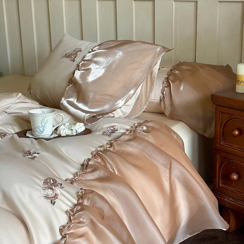Afralia™ Organza Lace Ruffles Flowers Embroidery 1000TC Egyptian Cotton Bedding Set