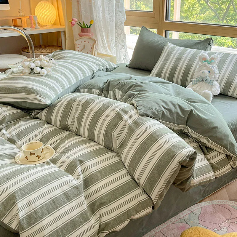 Afralia™ Cotton Striped Bedding Set Yarn Dyed Washed Duvet Cover Single Bedclothes