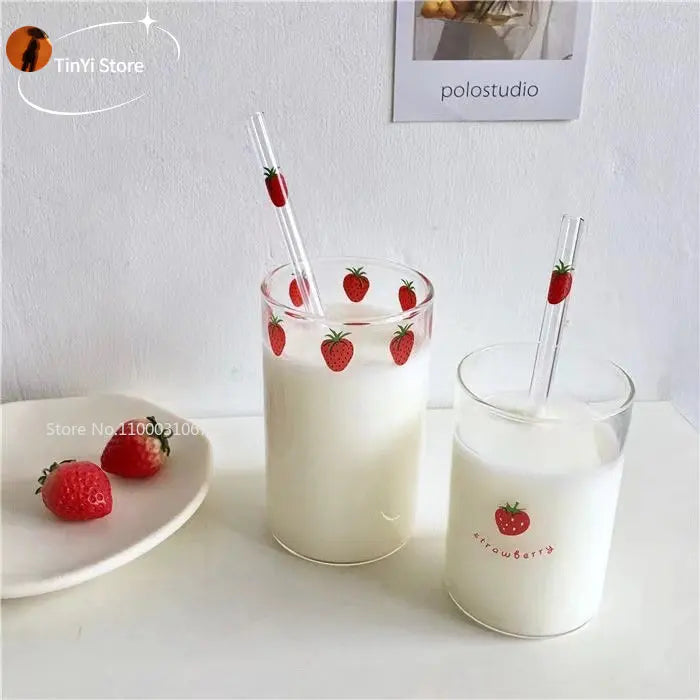 Afralia™ Kawaii Strawberry Glasses Cup with Straws - Cute Clear Juice Mug