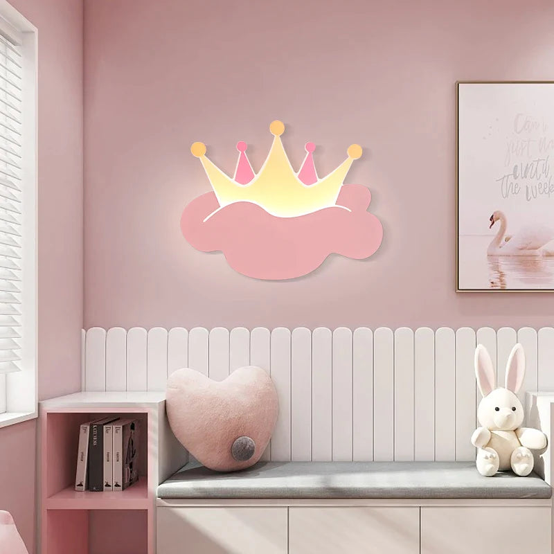 Afralia™ Pink Crown Wall Light for Bedroom Nursery Kids Children's Room Girl Wall Lamp