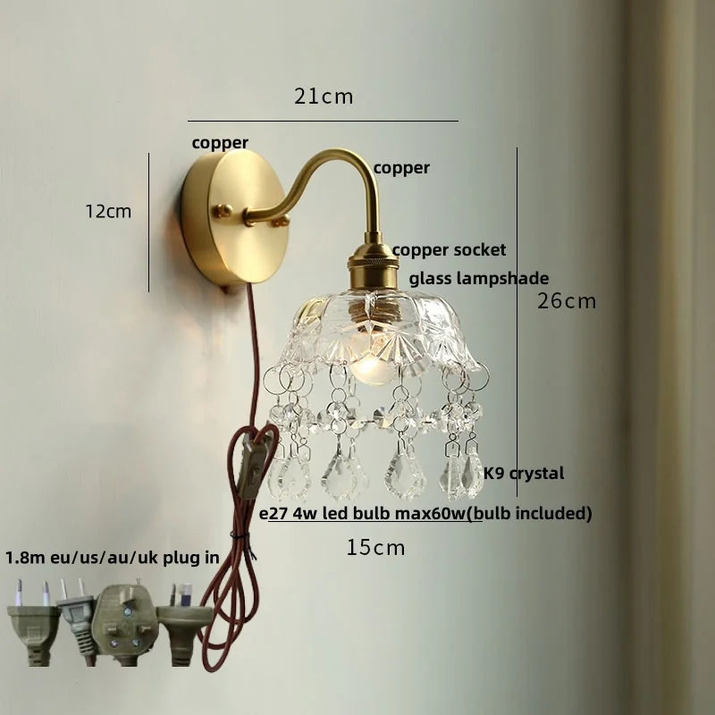 Afralia™ Nordic LED Wall Light with Pull Chain Switch, Crystal Glass Bedside Lamp