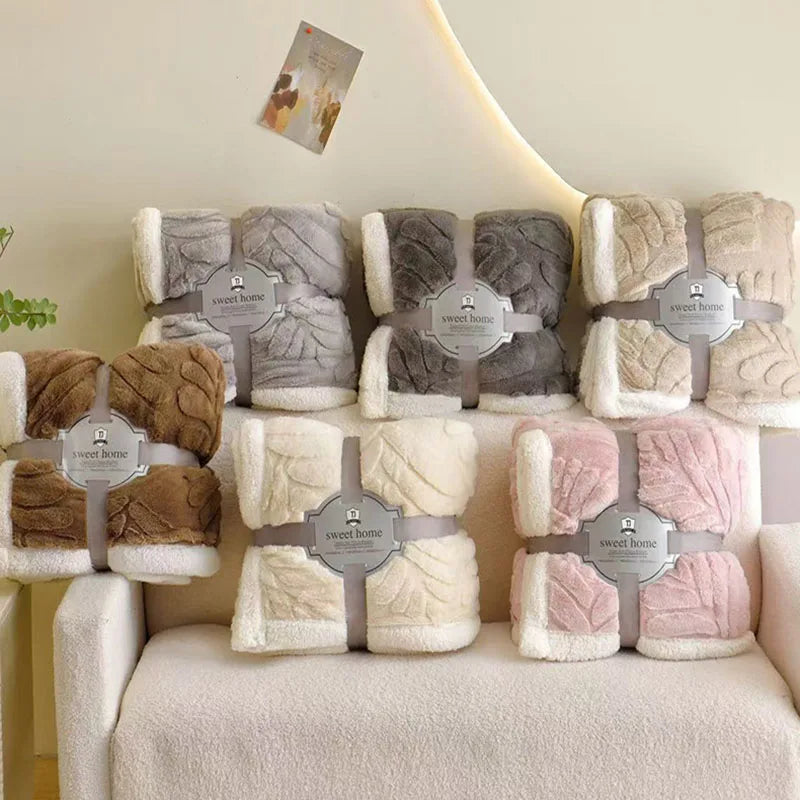 Afralia™ Banana Leaf Jacquard Faux Rabbit Fur Double Layer Lamb Bedspread