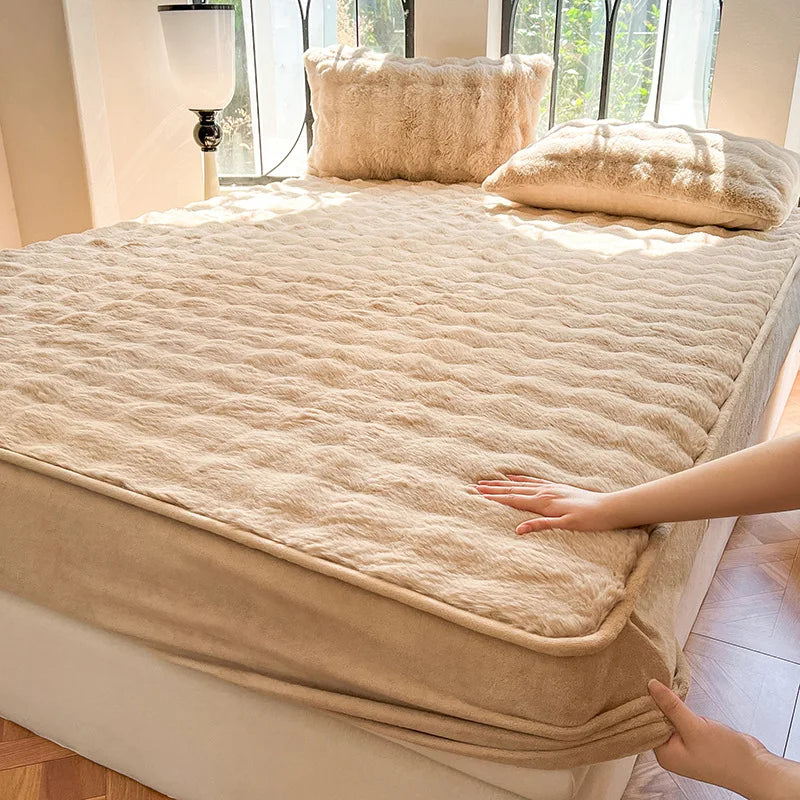 Afralia™ Solid Faux Rabbit Fur Fitted Sheet: Winter Thick Warm Single Bed Linen