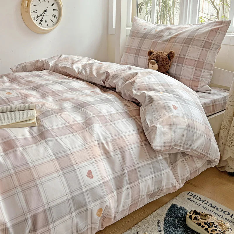Afralia™ Cotton Grid Pattern Bedding Set with Duvet Cover & Pillowcases for Double Bed