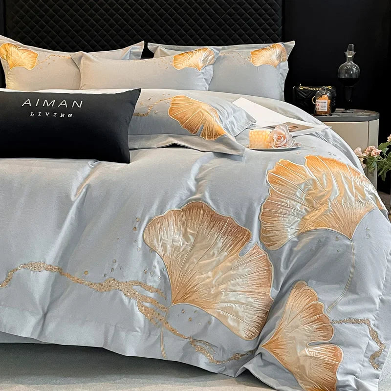 Afralia™ Gold Ginkgo Leaf Embroidery Bedding Set - 100% Cotton Luxury 4Pcs