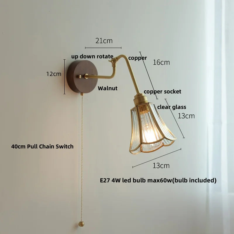 Afralia™ Copper Rotate Arm LED Wall Light: Clear Glass Walnut Bedside Lamp