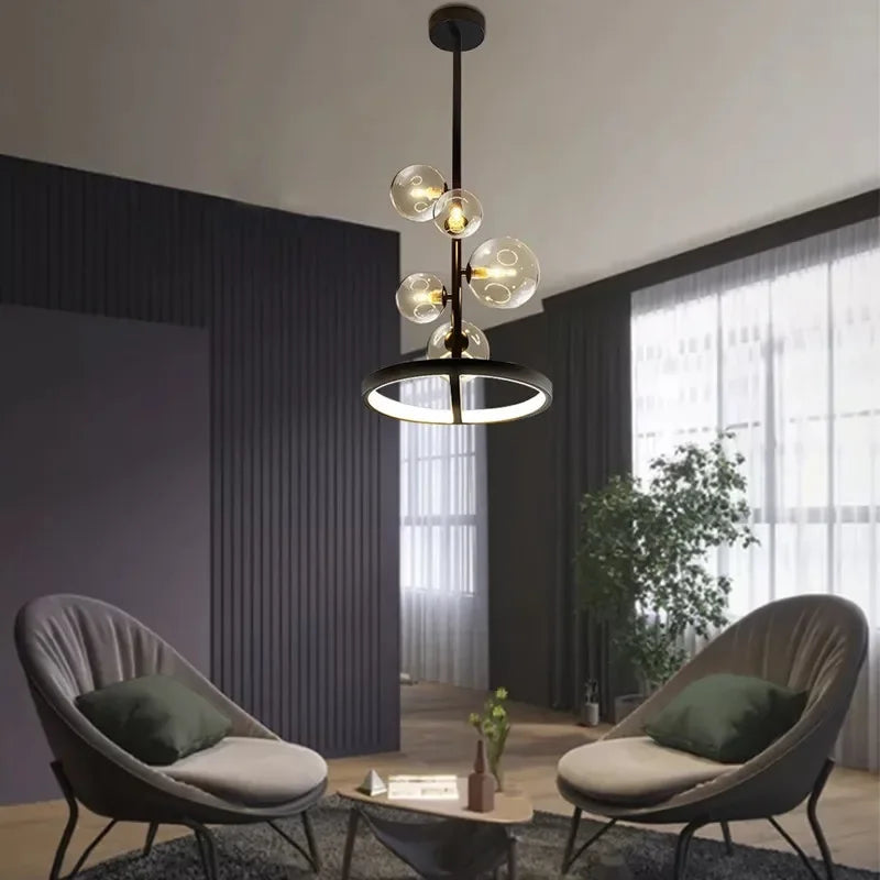 Afralia™ Nordic Glass Pendant Chandelier Black Circle Ceiling Light