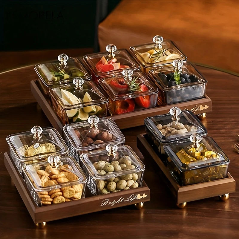 Afralia™ Light Luxury Glass Fruit Plate with Bamboo Wood Compartment