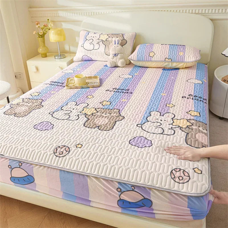 Afralia™ Summer Cartoon Print Silky Latex Cooling Fitted Sheet Set