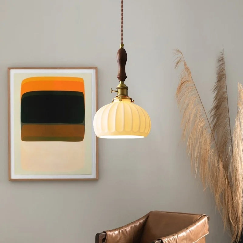 Afralia™ Wood Handle LED Pendant Lights Japanese Vintage Style Bar Bedroom Living Room HangLamp