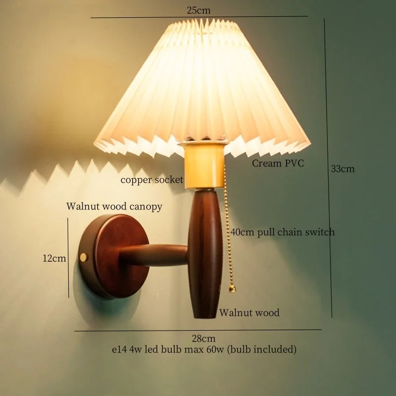 Afralia™ Pleated Fabric LED Wall Sconce Lamp Walnut Wood Light