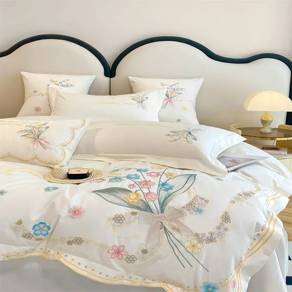 Afralia™ Butterfly Flowers Embroidery Cotton Bedding Set, 4pcs King Queen Size.