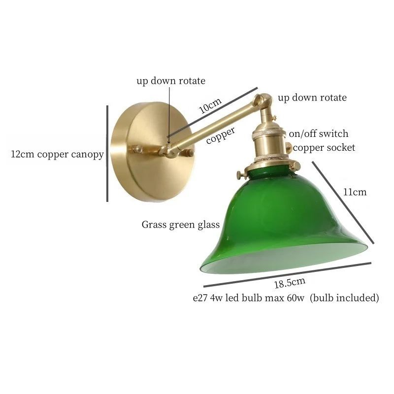 Afralia™ Green Glass LED Wall Sconce, Pull Chain Switch, for Bedside, Bathroom, Living Room