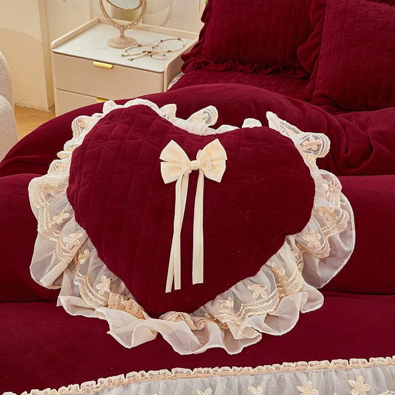 Afralia™ Princess Burgundy Red Velvet Bedding Set - Duvet Cover, Bed Skirt, Bedspread, Pillowcases