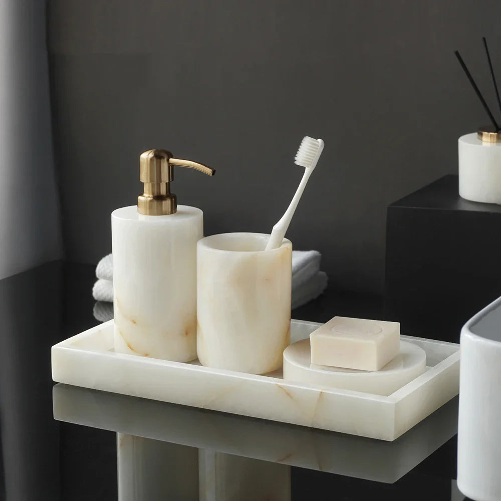 Afralia™ White Onyx Marble Bathroom Accessories Set for Elegant Bath Decor